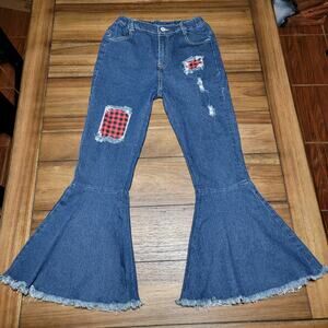Kids Blue Denim Flare Jeans w/ Front Cut-Out Patches Plaid  - Size 5XL